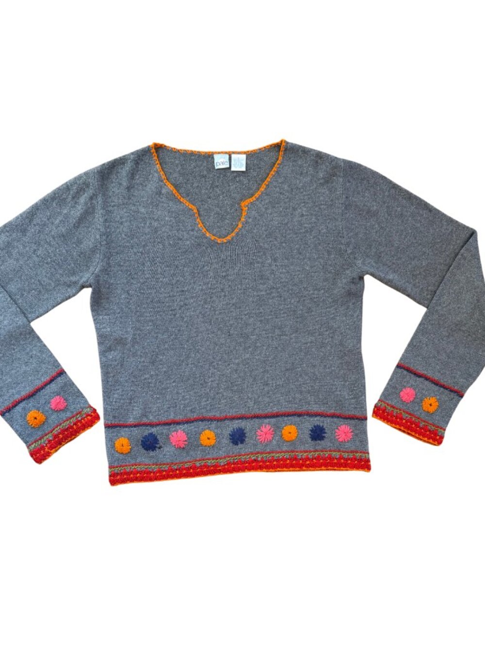 Anthropologie Pale Embroidered Sweater Gray Grey Orange Size Large